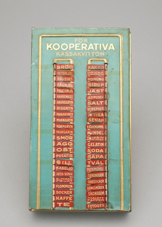 INKÖPSTAVLA TILL HUSHÅLLET, plåt, 1930/40-tal.