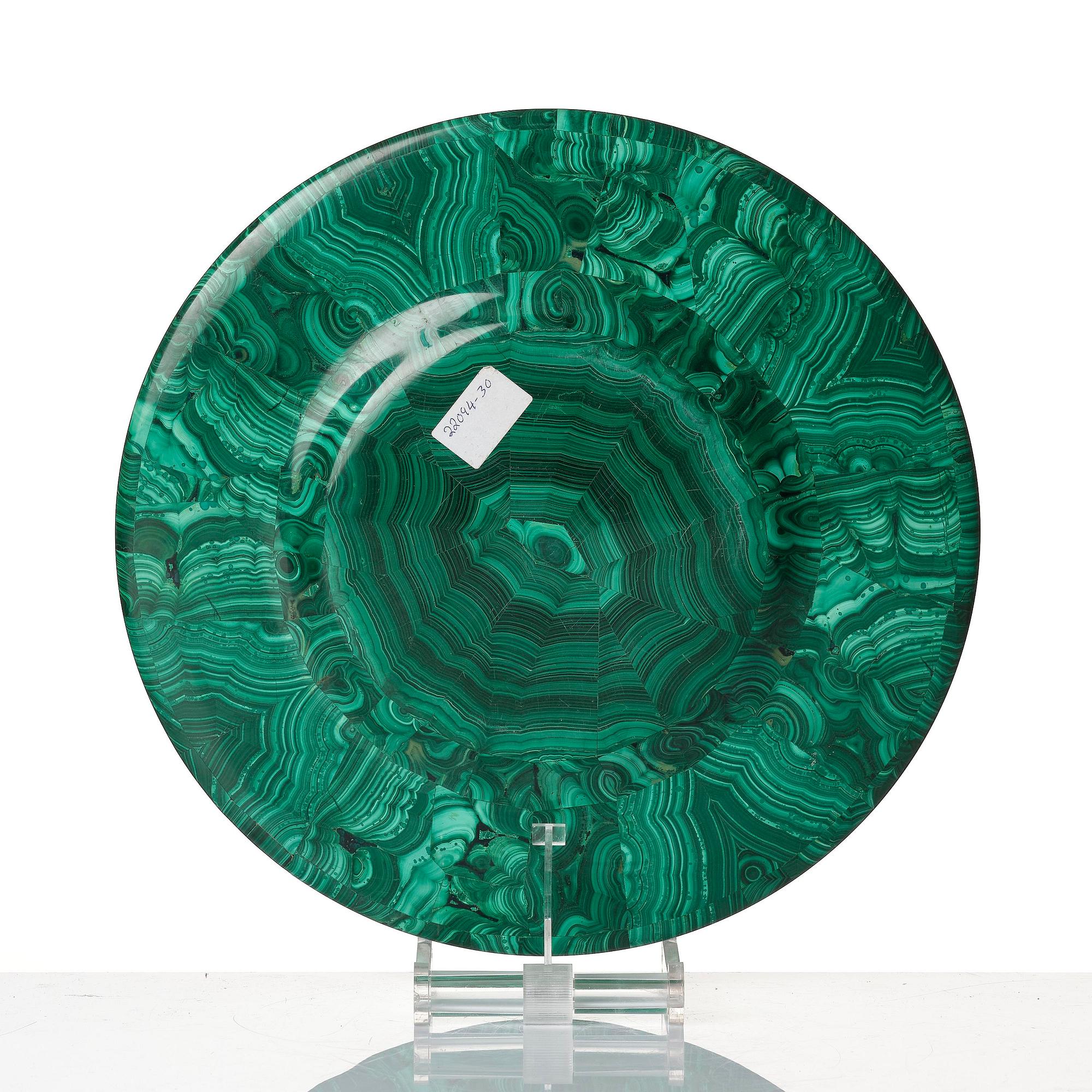 A Russian Nicholas II malachite-veneered dish, presumably Yekaterineburg Imperial Lapidary, circa 1900.