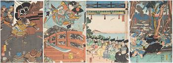 Utagawa Kuniyoshi, färgträsnitt, 4st, Japan, 1800-talets mitt.