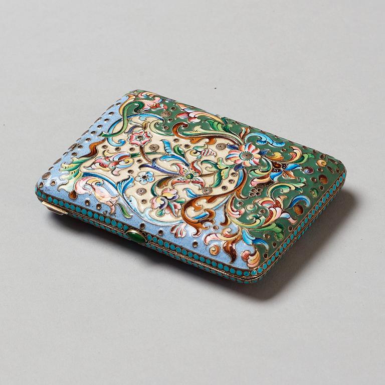 A Russian 20th century silver-gilt and enamel cigarette-case, unidentified makers mark, Moscow 1908-1917.