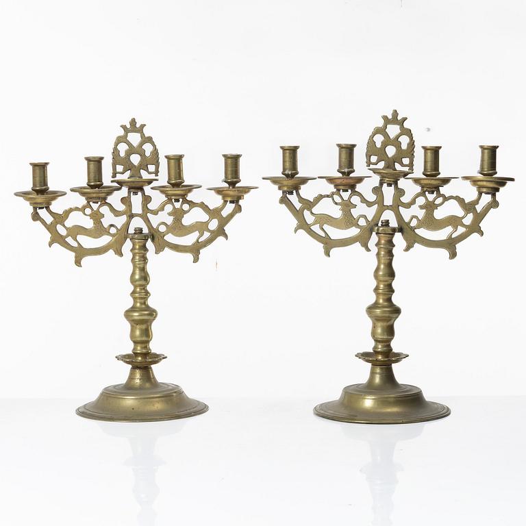 A pair of Baroque style brass candelabras, 20th century.