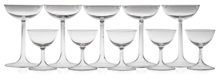 A set of 5+5 Josef Frank champagne and sherry glasses for Svenskt Tenn, by Venini, Italy.