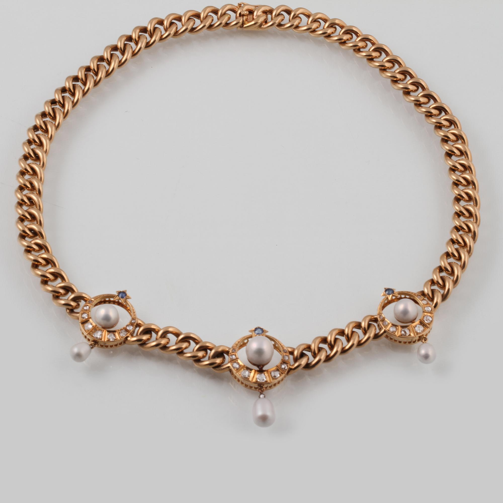 COLLIER, 18K guld med rosenslipade diamanter, blå safirer samt odlade pärlor, Gustav Dahlgren & Co, Malmö, 1996.