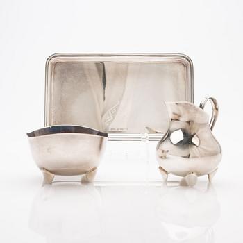Sugar bowl, cream jug and tray, sterling silver, second half of the 20th century.
