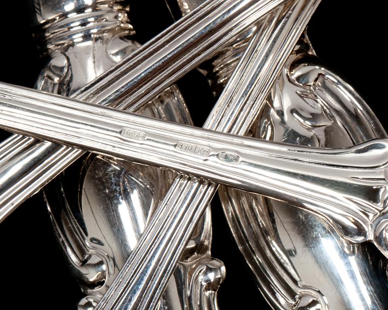 BESTICK, uppsättning för 12 personer, silver, "Olga", GFAB, 830/1000. Total vikt ca 2920 g inkl rostfria knivblad.