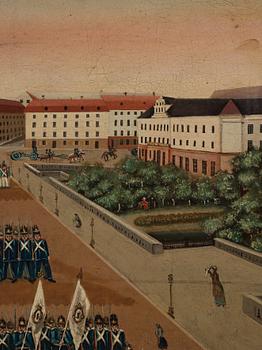 Svensk konstnär, omkring 1840, Vaktavlösning, Norrbro.