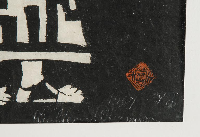 kichiemon okamura, stencil print, signed with seal mark for the artist.