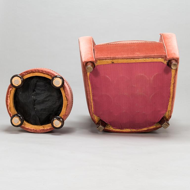 A mid-20th century armchair and ottoman.