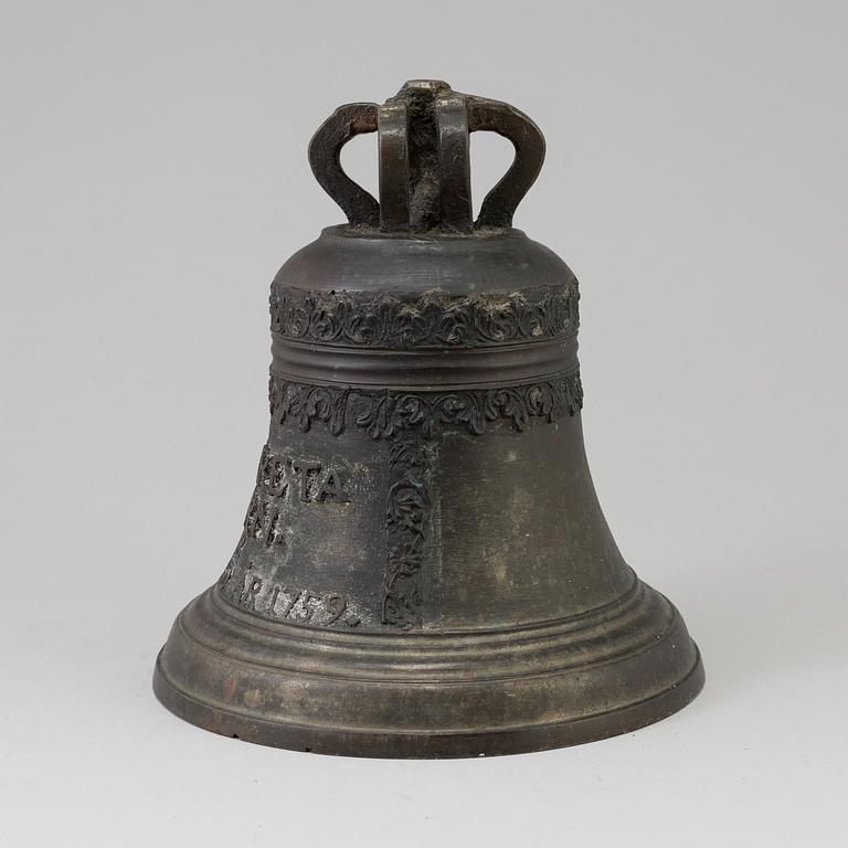 A BRONZE AND IRON BELL, dated 1759.