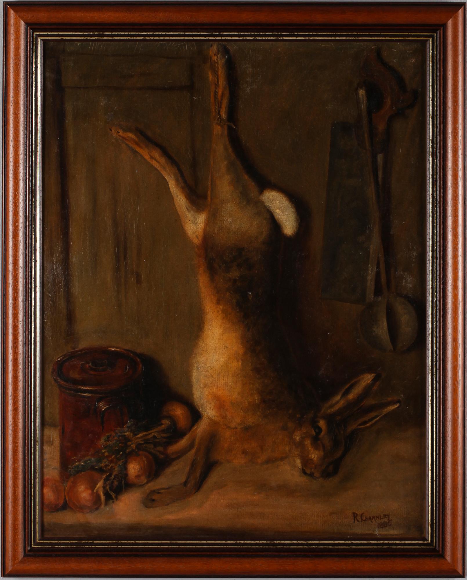 R CHARNLEY, olja på pannå, signerad och daterad 1885, England.