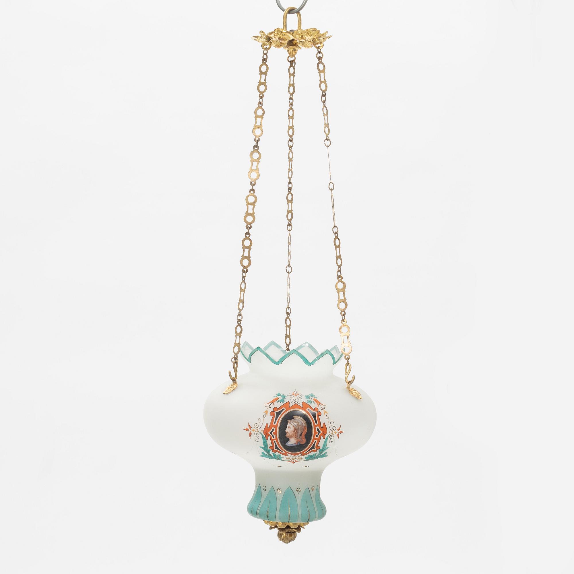 Hanging lamp, painted glass, late Empire, mid-19th century.