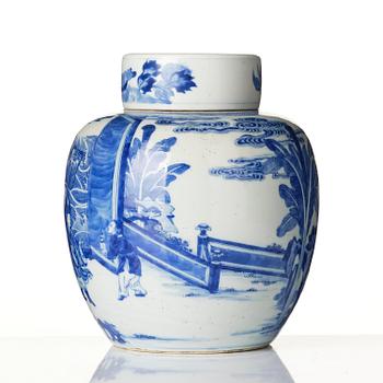 A finely painted blue and white jar with cover, Qing dynasty, 19th century. The cover 17th century.