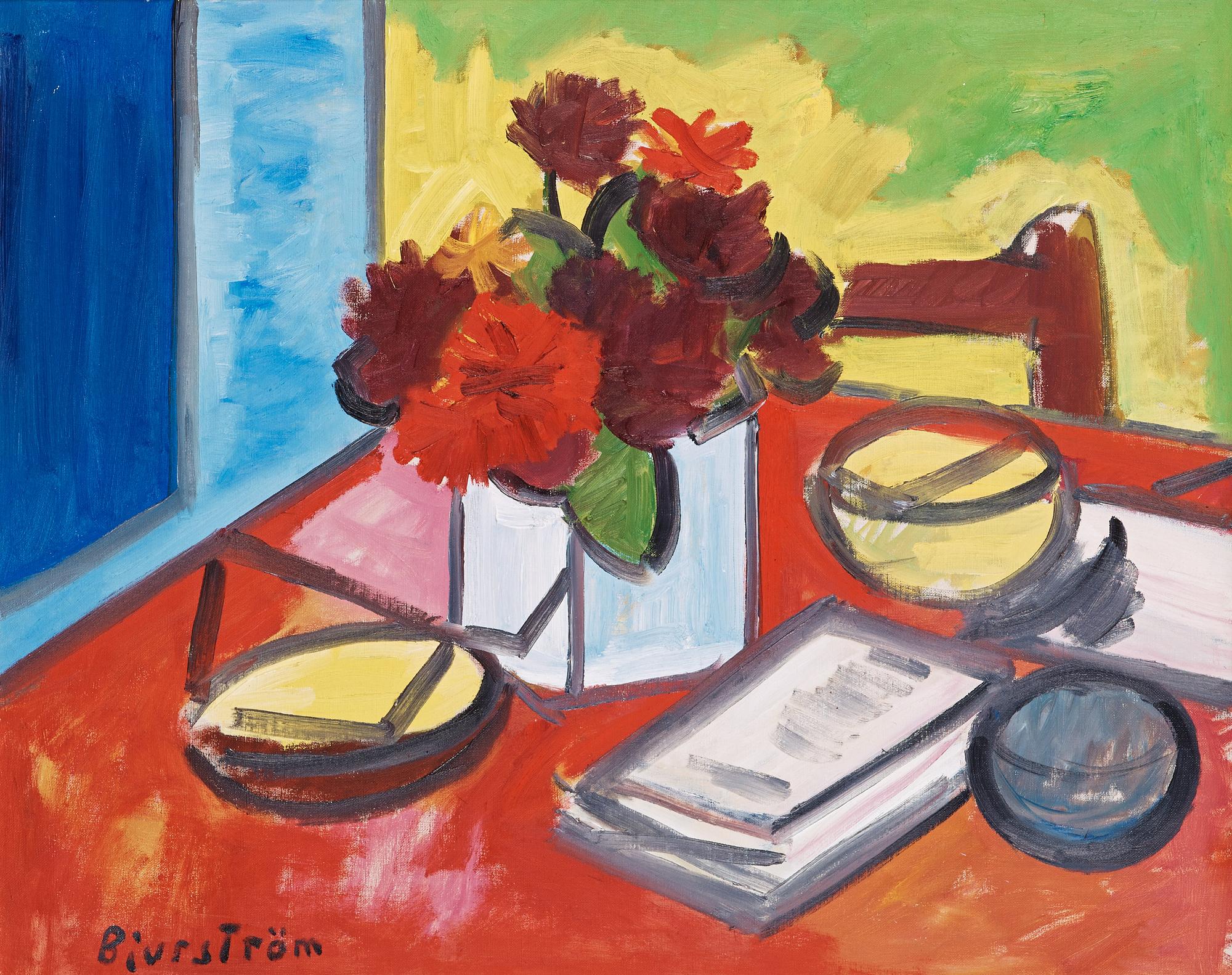 Tor Bjurström, Still life with book and flowers.