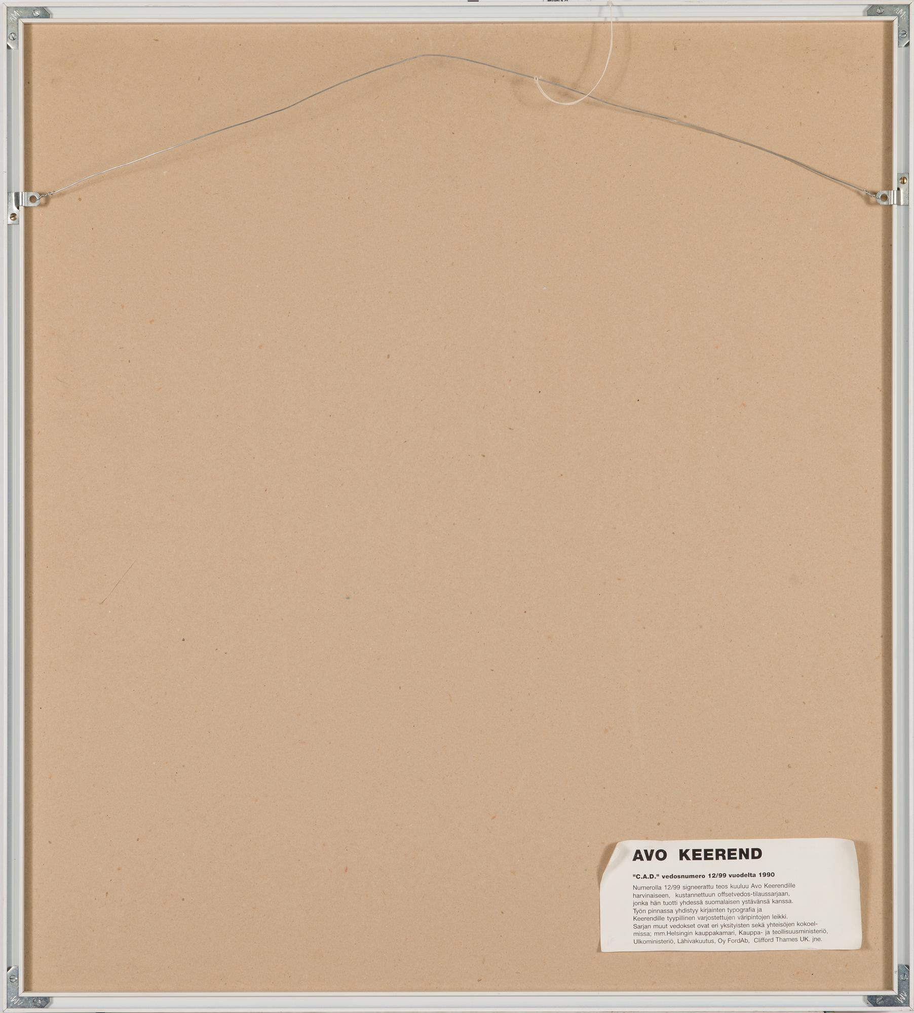 Avo Keerend, offset-tryck, signerat och daterad -90, numrerad 12/99.