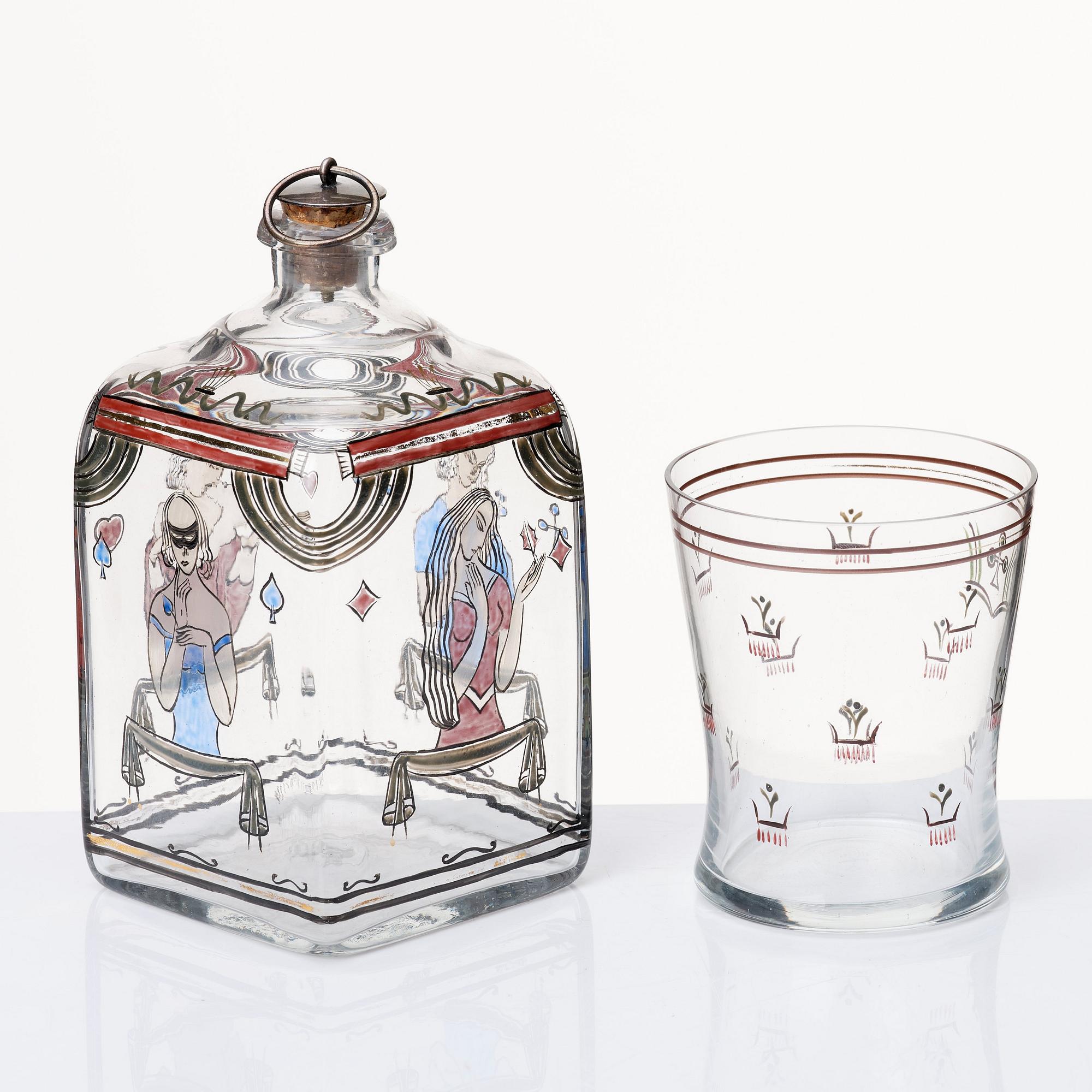 Peder Nyblom, a painted glass bottle and beaker, Orrefors 1924.