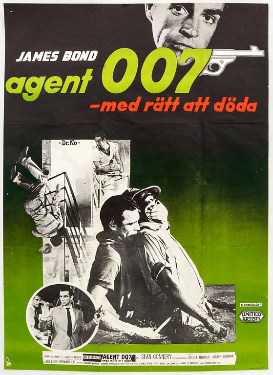 A Swedish movie poster by Gösta Åberg, James Bond "Agent 007 - Med rätta att döda" (Dr No) 1963 numbered 245.