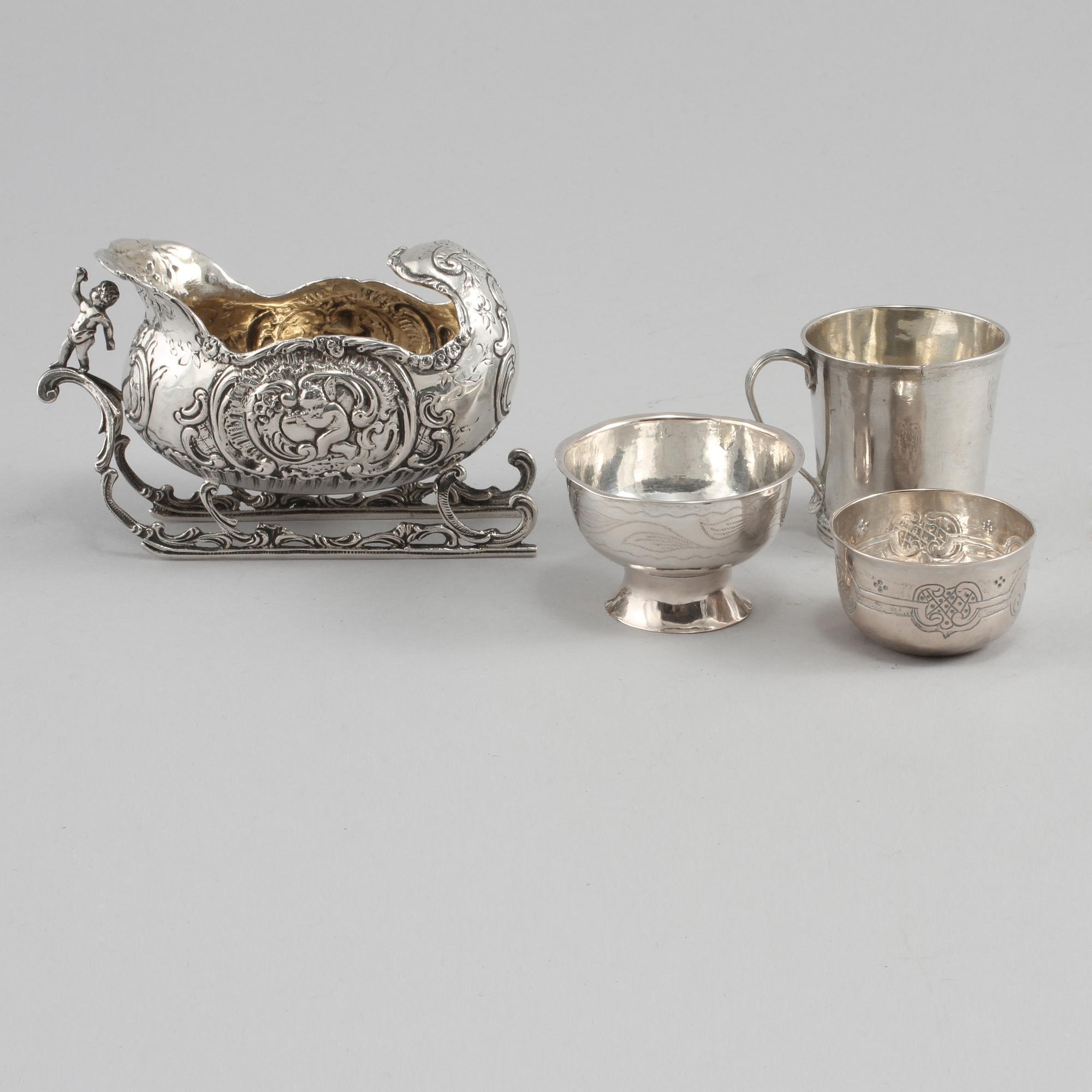 PARTI SILVER, 4 delar, delvis låghaltigt, 1800-tal, total vikt 200 gram.