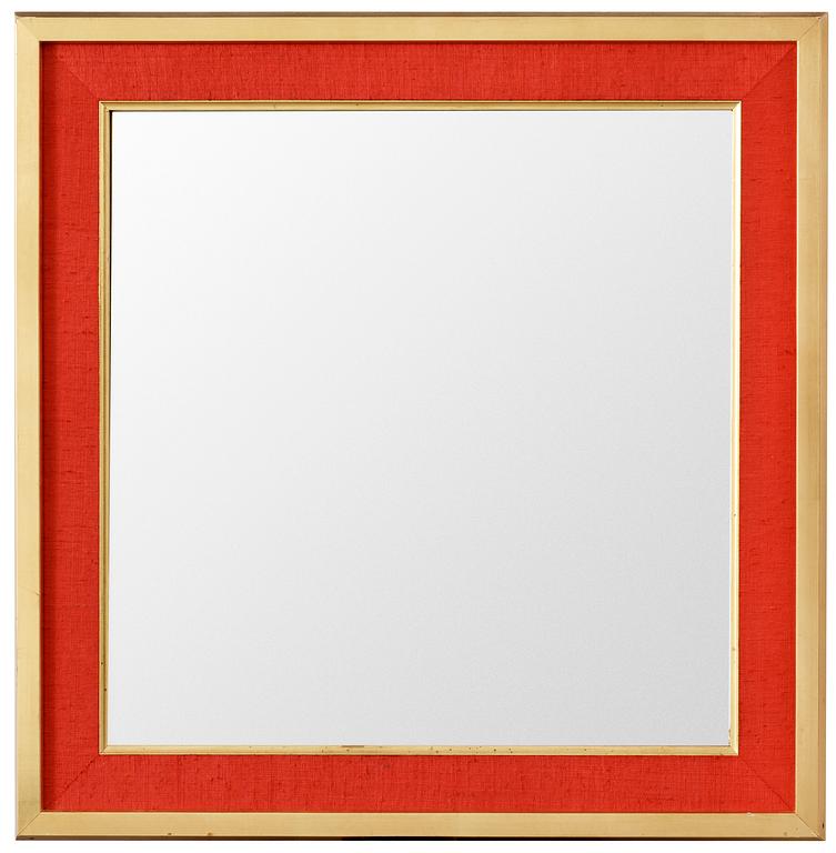 A Svenskt Tenn mirror, the frame with red fabric and gilding.