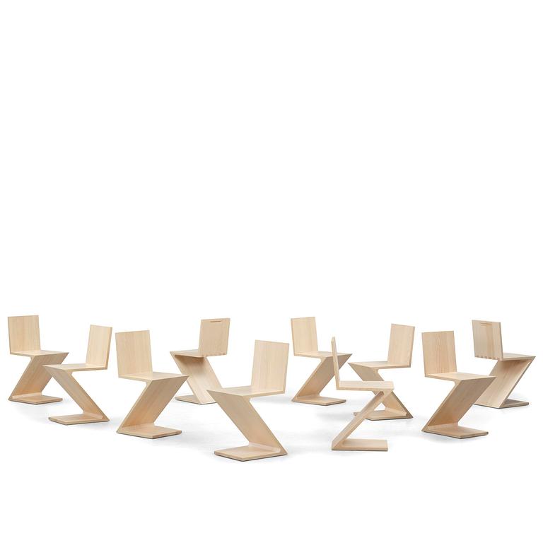 Gerrit Rietveld, a set of ten "Zig Zag" chairs, Cassina, Italy.