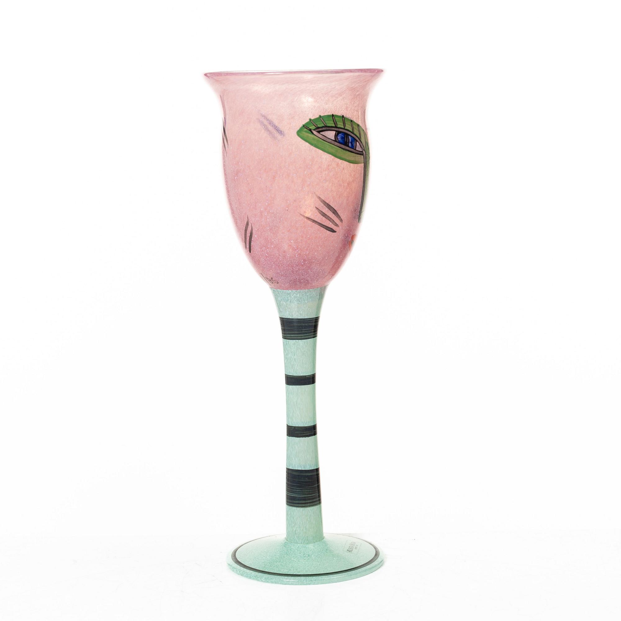 Ulrica Hydman-Vallien, eight 'Open Minds' wine glasses, Kosta Boda Artist Collection.