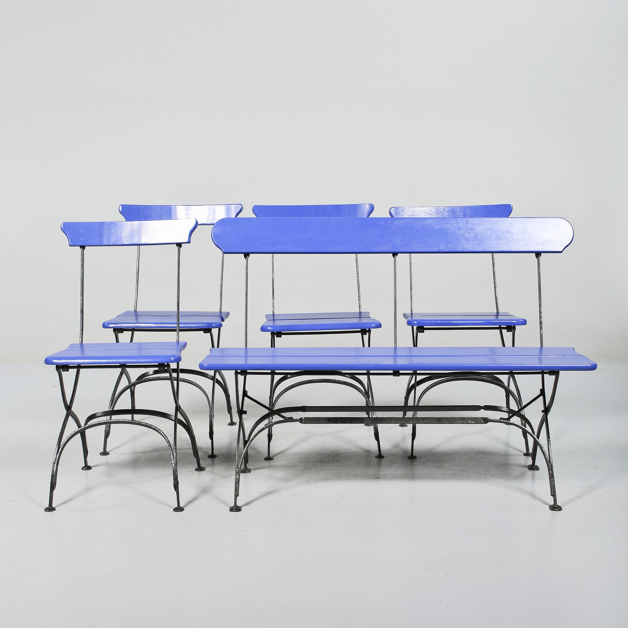 TRÄDGÅRDSSOFFA samt STOLAR, 4 st, 1900-tal.