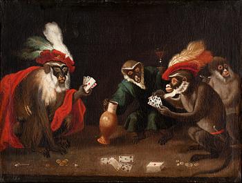 Abraham Teniers Follower of, Apes playing cards.