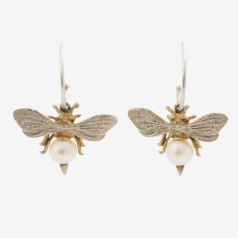 Maria Nilsdotter, a single earring, "rain earring" and a pair, silver with pearls and quartz.