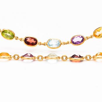 HALSBAND och ARMBAND, 18K guld, granater, peridoter, topaser, citriner och ametister. Le-Gi, Italien.