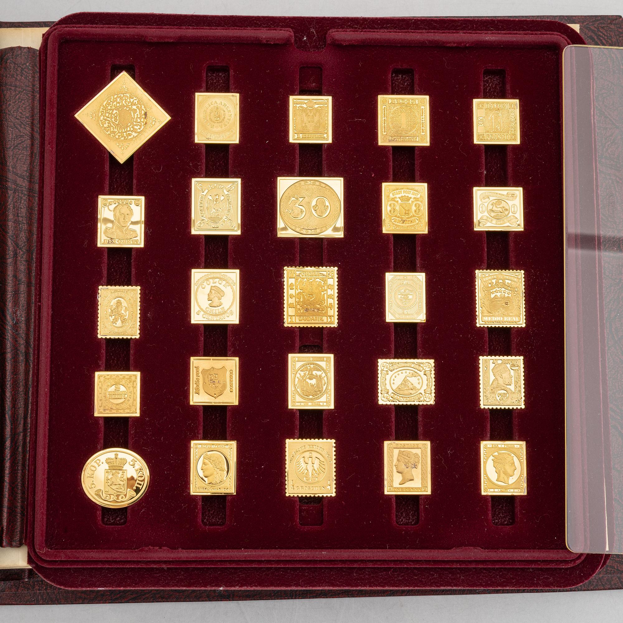 Franklin Mint, frimärksavbildningar, 73 st, förgyllt silver, "The world's first stamps", 1979.