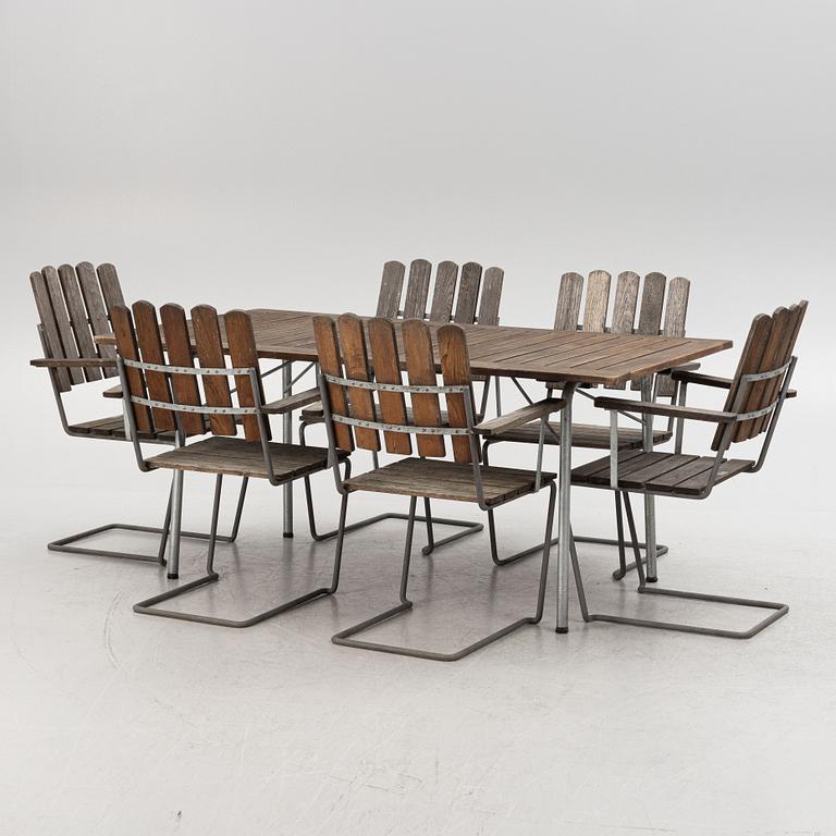 Arthur Lindqvist, garden chairs 6 pcs. "Chair A2", and table, Grythyttan's steel furniture.