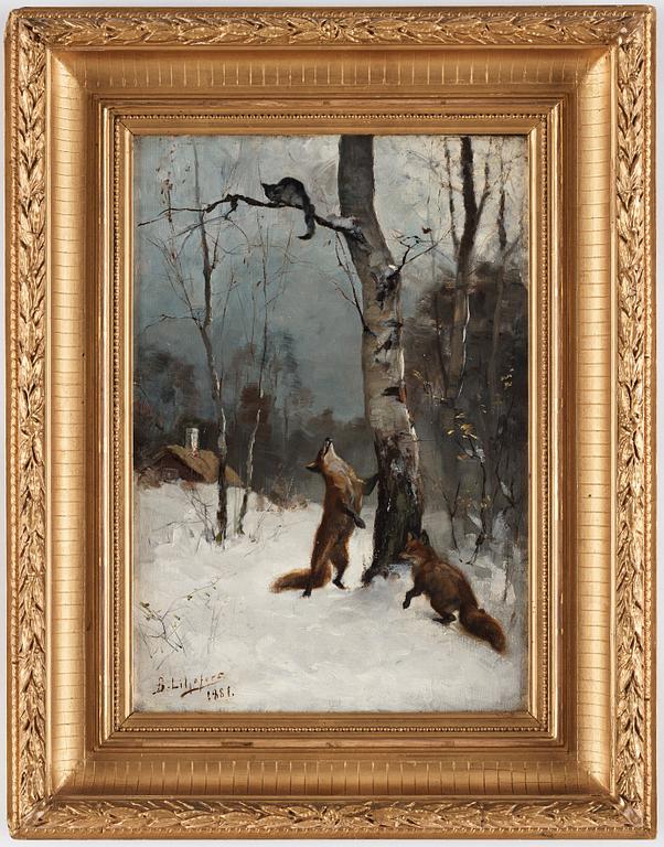Bruno Liljefors, "Rävar och katt, vinterlandskap" (Foxes and cat, winter landscape).