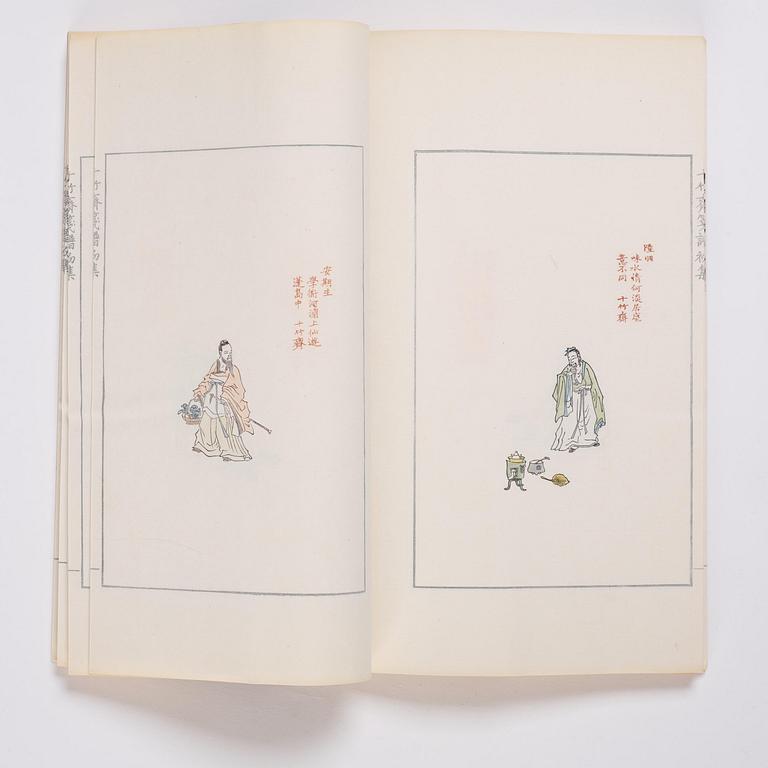 A book, four volumes, numerously illustrated with woodcuts in colours, "Shi zhu zhai jian pu" by Hu Zhengyan.