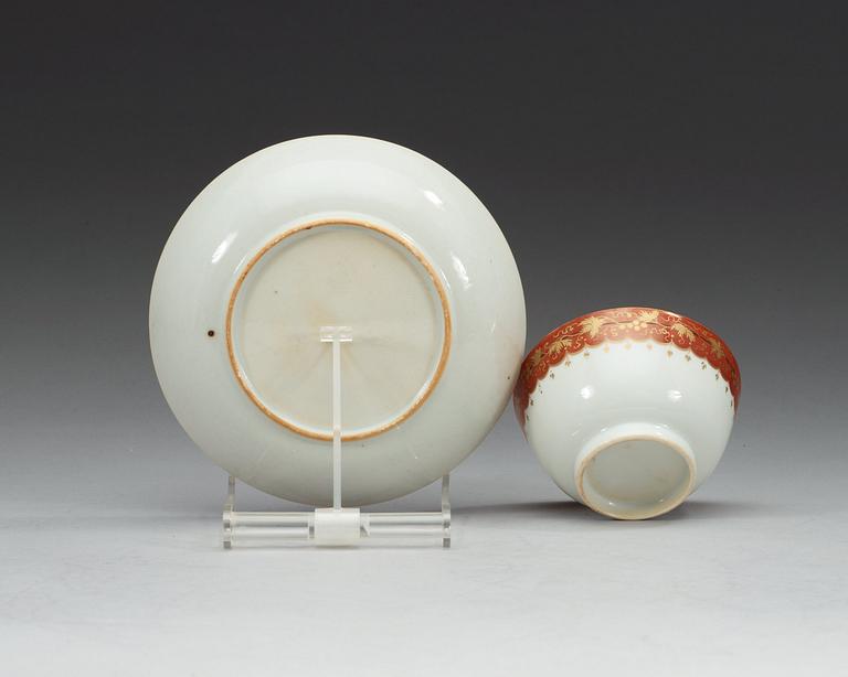 A set of six rouge de fer tea cups with saucers, Qing dynasty, Qianlong (1736-95).