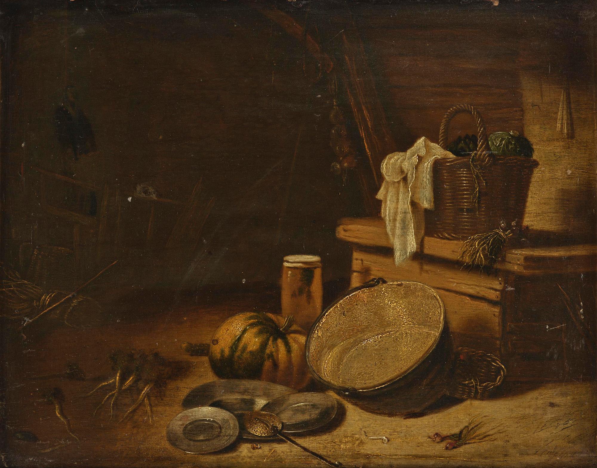 Willem Kalf, hans krets, Stilleben med köksattiraljer.