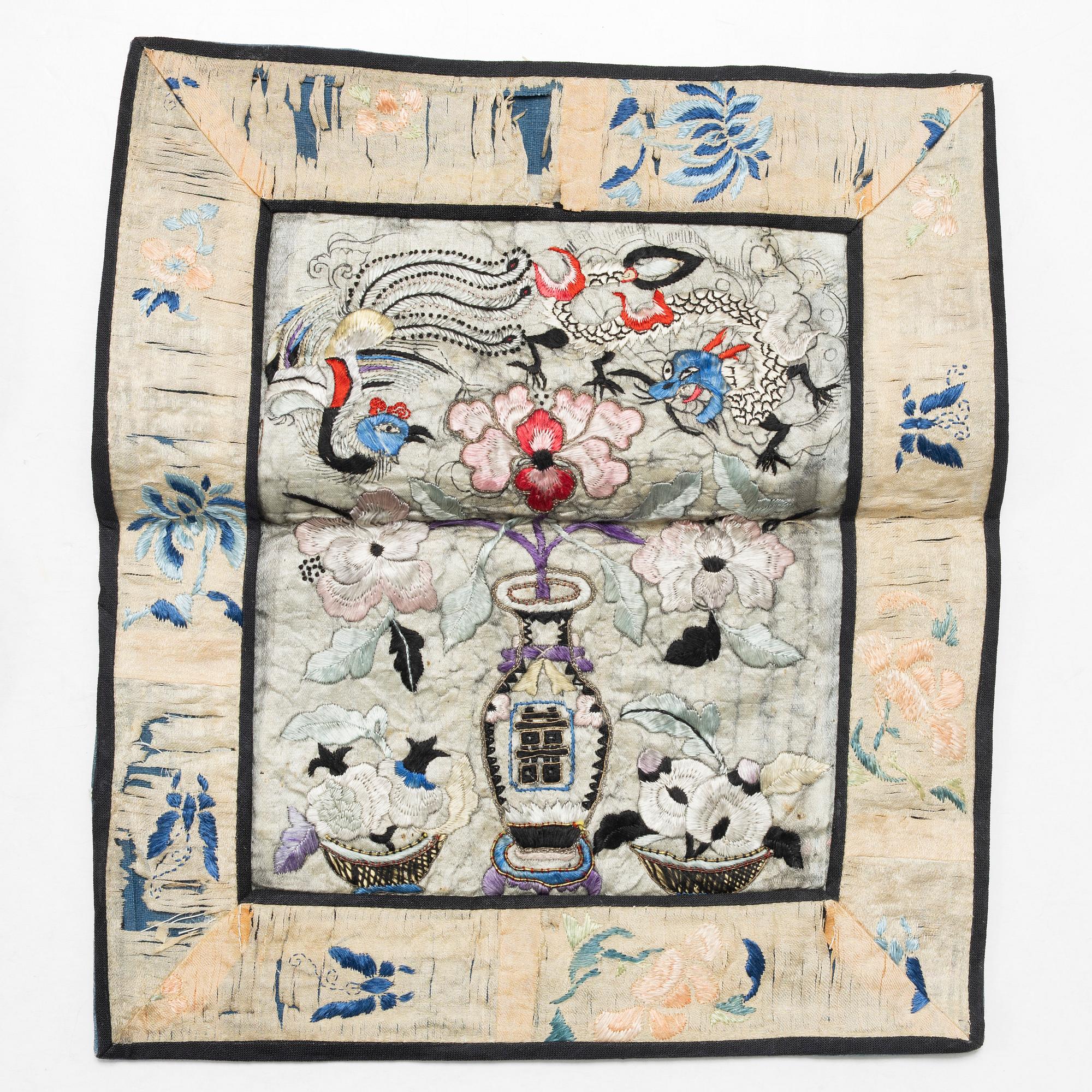 Three Chinese lacquer and wooden panels, two silk embroideries, first half of the 20th century.