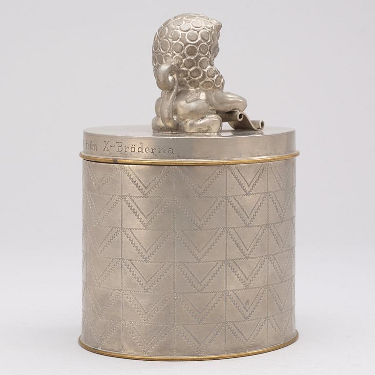 An Anna Petrus pewter and brass lidded jar, Svenskt Tenn, Stockholm 1928.