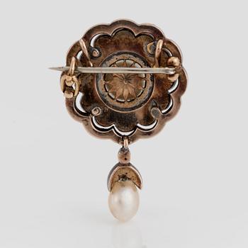 A brooch/pendant with a bouton shaped pearl and a drop shaped pearl and rose-cut diamonds.