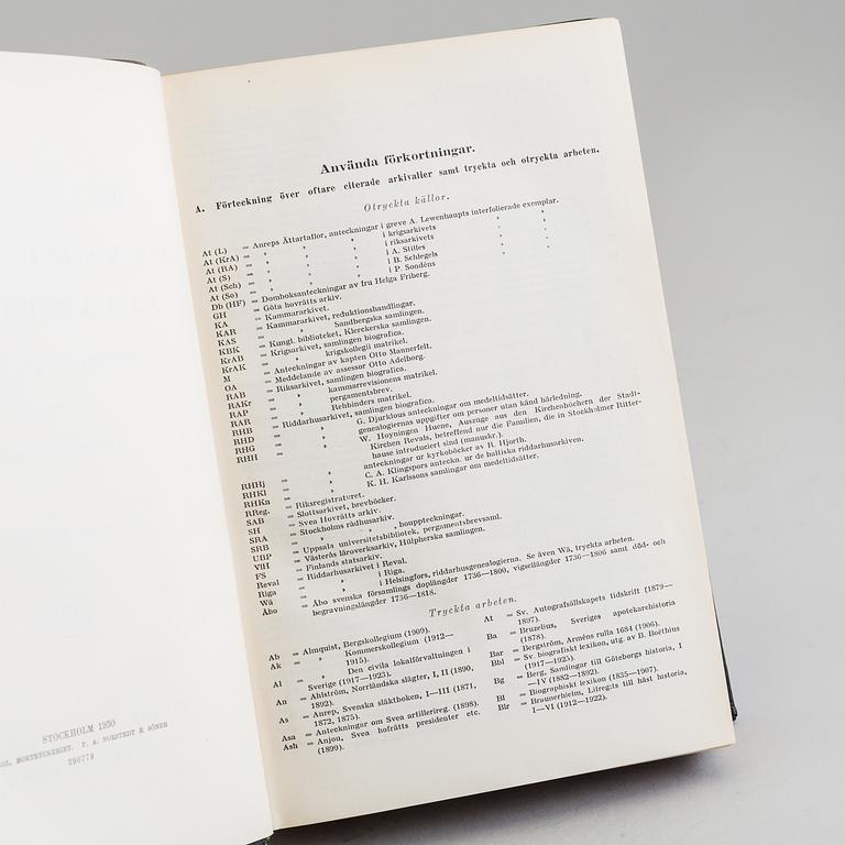 BOKVERK, vol I-IX, "Den introducerade Svenska Adelns Ättartavlor", Gustaf Elgenstierna, Stockholm, 1925-36.