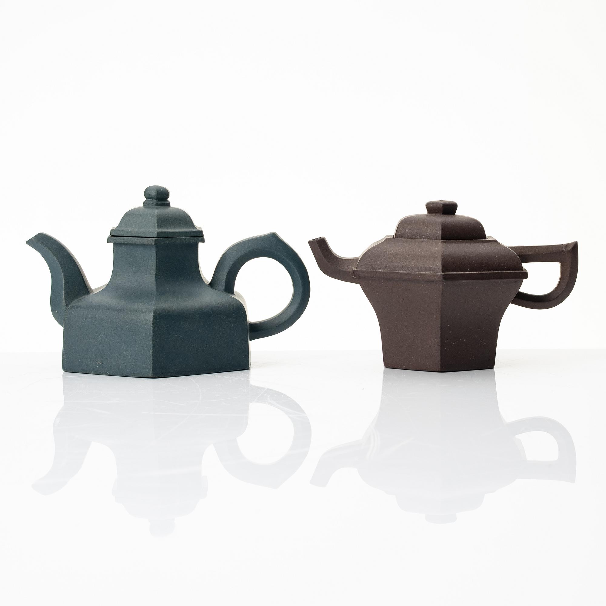 Two hexagonal 'gongfu' teapots, yixing, China, 1980s.