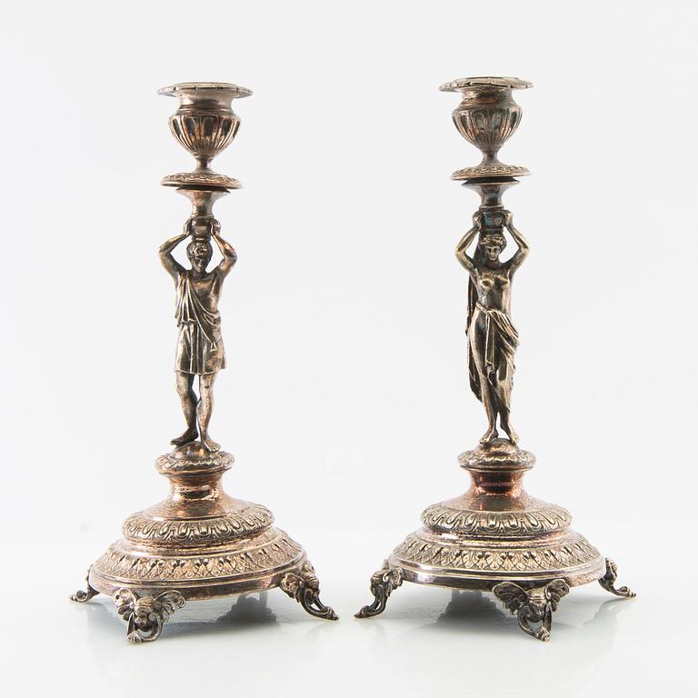 Candelabras, a pair of silver plate, late 19th century, Renaissance style.