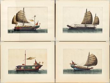 A set of 12 maritime Chinese watercolours on paper by an unknown artist, Qing dynasty, 19th Century.