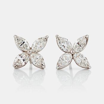 1187. A pair of navette-cut diamond, circa 2.40 ct, earrings. Quality circa G/VS.