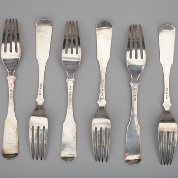 GAFFLAR, 6 st, silver, Fredrik Bredholm, Kuopio Finland 1850. Vikt 397 g.