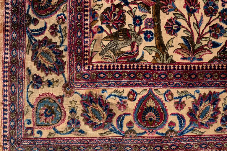 A rug, semi-antique, silk Kashan relief (souf), ca 196 x 129.5 cm (as well as 1,5 cm flat weave at one end).