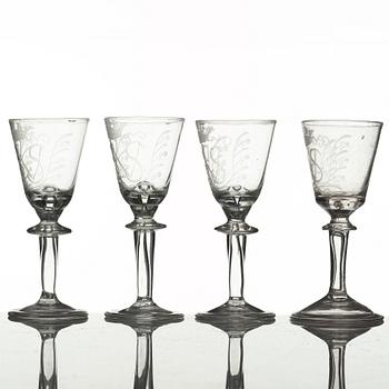 Four engraved Swedish wine goblets, 18th Century.