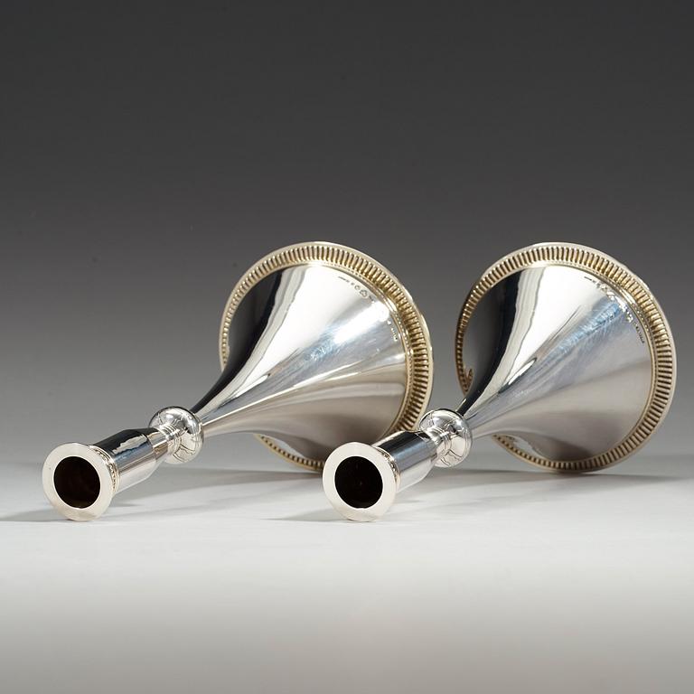 A pair of Wiwen Nilsson sterling 'byzantine style' candlesticks, Lund Sweden 1950.