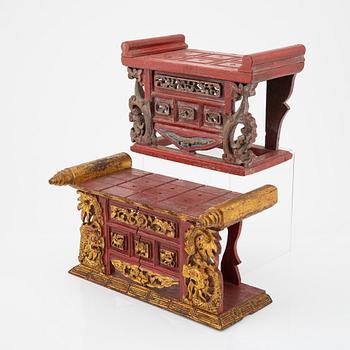 Two red lacquer and gilded altar tables, Indonesia, Jakarta, 20th Century.