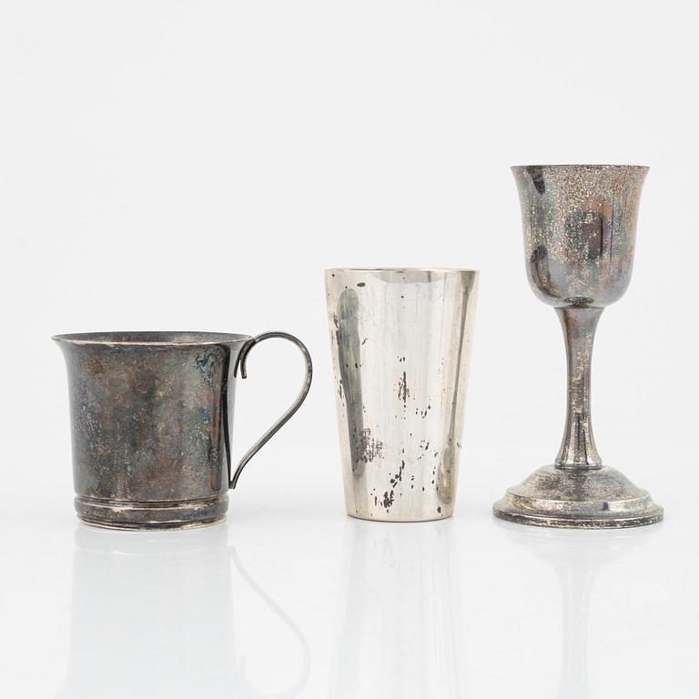 Eleven silver items, including beakers from C.G. Hallberg, Stockholm, 1940s.