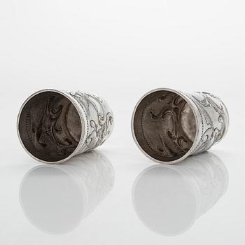 A pair of late 18th-century silver beakers, unknown maker's mark, alderman Alexei Kosirev, Moscow 1791.