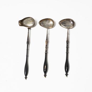 Soup ladles, Johan Petter Grönvall, 1816, 2 pcs, and Gustav Möllenborg, 1869, 1 pc.